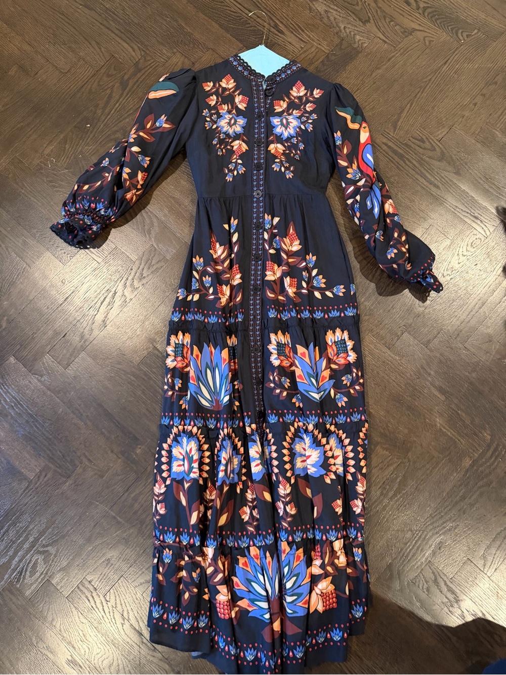 Farm Rio Button Bohemian Floral Tiered Maxi Dress - Black with Multicolor Prints - Picture 2 of 2